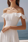 Off The Shoulder Ivory A Line Midi Graduation Dress with Ruffles