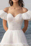 Off The Shoulder Ruffled Ivory A Line Graduation Dress