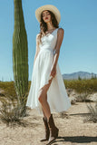 A Line V Neck Midi Ivory Graduation Dress With Slit