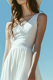 A Line V Neck Midi Ivory Graduation Dress With Slit