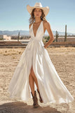 Ivory Satin A Line Long Engagement Dress With Slit