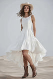 High Low Ivory Ruffled Round Neck Graduation Dress
