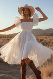 A Line Square Neck Ruffled Ivory Graduation Dress