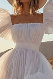 A Line Square Neck Ruffled Ivory Graduation Dress