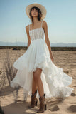 Ivory Spaghetti Straps Asymmetrical Graduation Dress With Lace