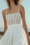 Ivory Spaghetti Straps Asymmetrical Graduation Dress With Lace