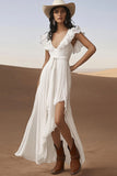 Asymmetrical Cap Sleeve Ivory A Line Graduation Dress