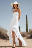 A Line Strapless Ruffled Ivory Graduation Dress