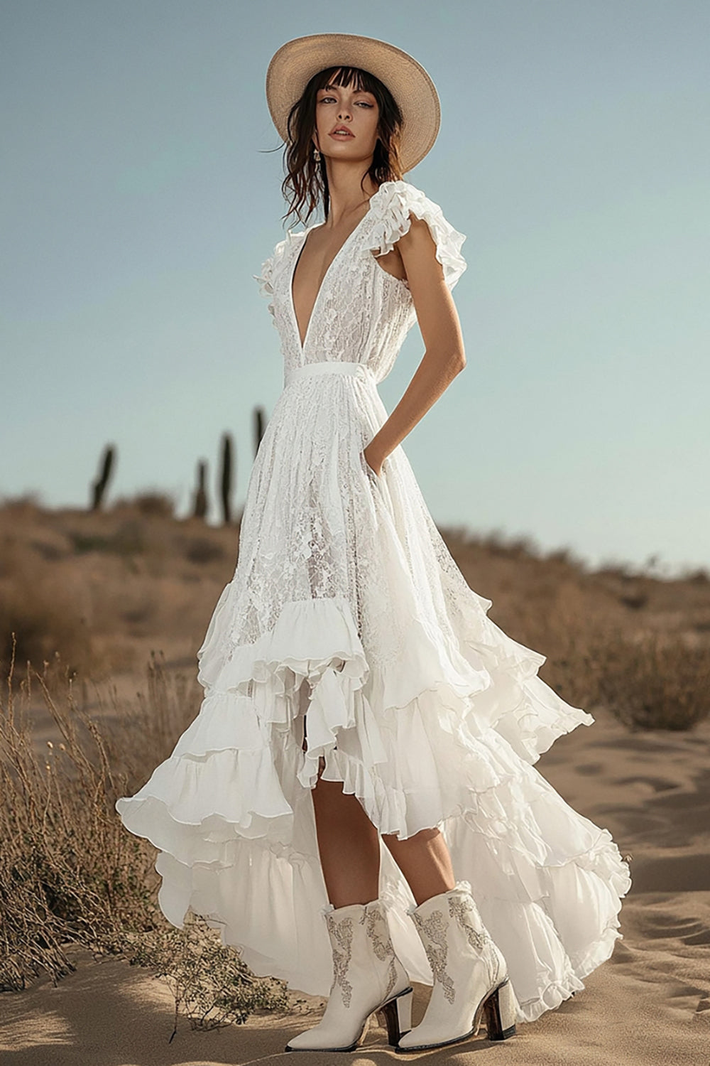 Berylove Women Ivory Lace Wedding Dress A Line V Neck Cap Sleeve Ruffled Asymmetrical Bridal Party Dress, Ivory / US18W Berylove Women Ivory Lace Wedding Dress A Line V Neck Cap Sleeve Ruffled Asymmetrical Bridal Party Dress, Ivory / US18W
