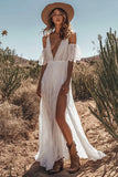 Cold Shoulder A Line Long Ivory Wedding Dress With Slit