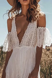 Cold Shoulder A Line Long Ivory Wedding Dress With Slit