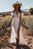 Cold Shoulder A Line Ivory Lace Wedding Dress With Slit