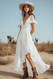 Asymmetrical A Line V Neck Ivory Wedding Dress