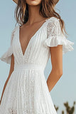 Asymmetrical A Line V Neck Ivory Wedding Dress