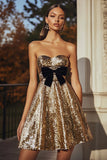 Sparkly Strapless A Line Gold Homecoming Dress with Bow