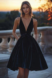 Velvet A Line V-Neck Little Black Dress