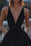 Velvet A Line V-Neck Little Black Dress