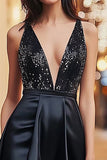 Beaded Asymmetrical V-Neck A Line Little Black Dress