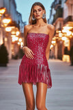 Sparkly Strapless Fuchsia Fringed Cocktail Dress