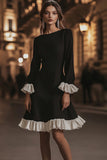 A Line Ruffled Little Black Dress with Long Sleeves