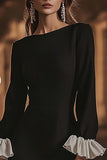 A Line Ruffled Little Black Dress with Long Sleeves