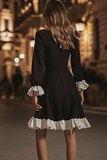 A Line Ruffled Little Black Dress with Long Sleeves