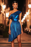 Metallic Pleated Dark Blue One Shoulder Homecoming Dress