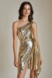 Metallic Gold One Shoulder A Line Cocktail Dress