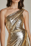 Metallic Gold One Shoulder A Line Cocktail Dress