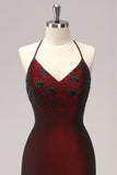Sheath Beaded Black Red Formal Dress with Lace-up Back