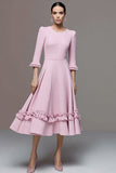 Pink A Line Ruffled Midi Work Dress