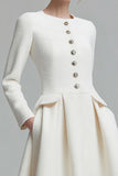 Ivory A-Line Round Neck Long Sleeve Work Dress