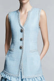 Tweed 2-Piece A-Line Sky Blue Sleeveless Work Dress With Ruffles