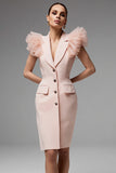 Tight Pink Ruffled Sleeve Work Dress