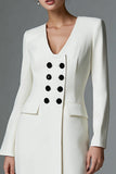 V-Neck Pencil Double Breasted Ivory Midi Work Dress
