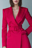 Fuchsia Peak Lapel Long Sleeve Work Dress with Belt