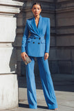 Blue 2-Piece Double Breasted Shawl Lapel Work Suit