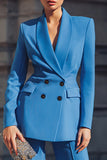 Blue 2-Piece Double Breasted Shawl Lapel Work Suit