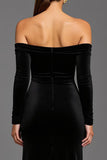 Black Off The Shoulder Sheath Midi Formal Dress