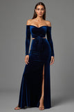 Off The Shoulder Navy Cut-Out Long Sleeve Velvet Formal Dress With Slit