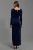 Sheath Ruched Long Sleeve Navy Formal Dress