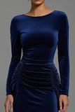 Sheath Ruched Long Sleeve Navy Formal Dress