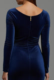 Sheath Ruched Long Sleeve Navy Formal Dress
