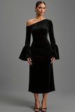 One Shoulder Black Long Sleeve Sheath Formal Dress