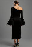 One Shoulder Black Long Sleeve Sheath Formal Dress