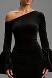 One Shoulder Black Long Sleeve Sheath Formal Dress