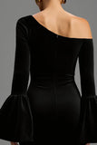 One Shoulder Black Long Sleeve Sheath Formal Dress