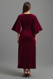 Sheath Burgundy V-Neck Velvet Formal Dress with 3/4 Sleeves