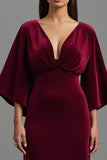 Sheath Burgundy V-Neck Velvet Formal Dress with 3/4 Sleeves