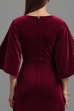 Sheath Burgundy V-Neck Velvet Formal Dress with 3/4 Sleeves